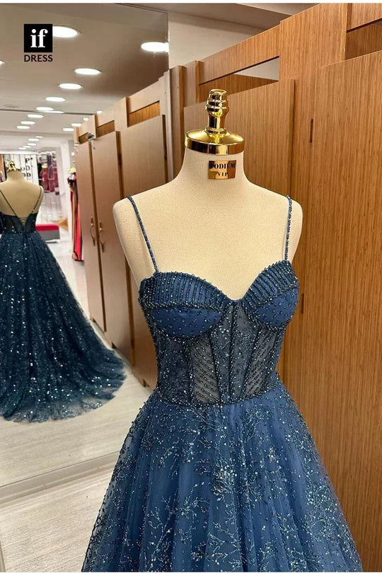 Elegant Navy A-Line Strap Sleeveless Shiny Long Formal Prom Dress Evening Gown HZ1024