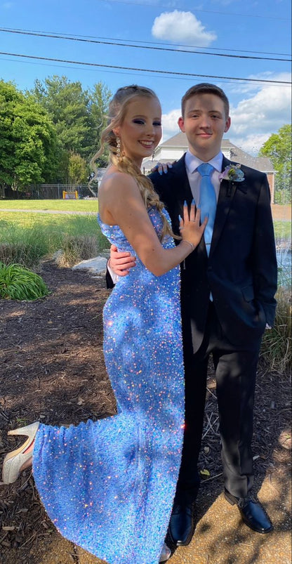 Shiny Blue One Shoulder Sequined Long Prom Dress Evening Dress HZ1024