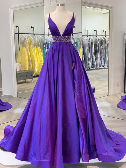 Elegant Purple Deep V Neck Straps Sleeveless A-Line Satin Slit Long Prom Dress Evening Dress HZ1024