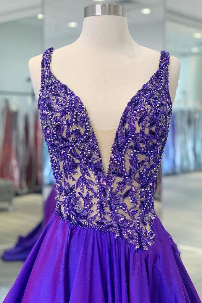 Retro Purple V Neck Sleeveless A-Line Prom Dress Evening Gown HZ1024