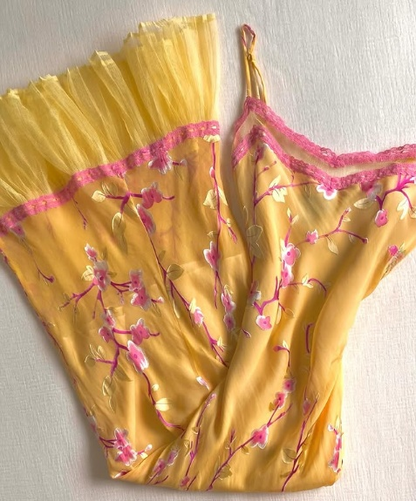 Vintage Yellow Halter Printed Chiffon Mermaid Prom Dress Evening Dress HZ1024