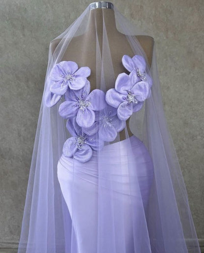 Fantasy Purple Beaded 3D Flower Hollow Mermaid Prom Dress Evening Gown HZ1024