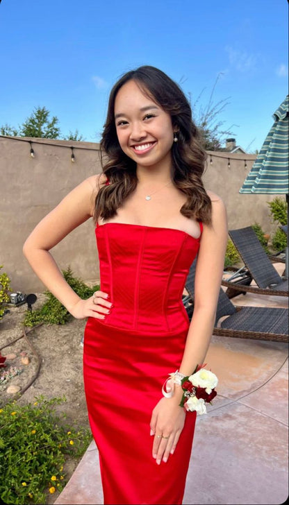 Beautiful Red Strapless Sleeveless Satin Mermaid Prom Dress Evening Dress HZ1024