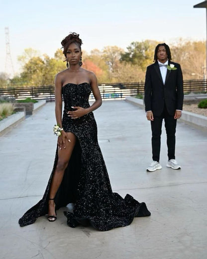 Sexy Black Off Shoulder Sweetheart Neck Sequin Slit Floor-Mounting Prom Dress Evening Dress HZ1024