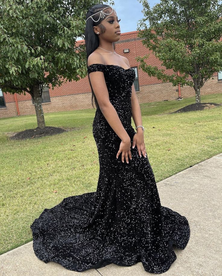 Sexy Black Sequin Off Shoulder Mermaid With Train Prom Dress Evening Dress HZ1024
