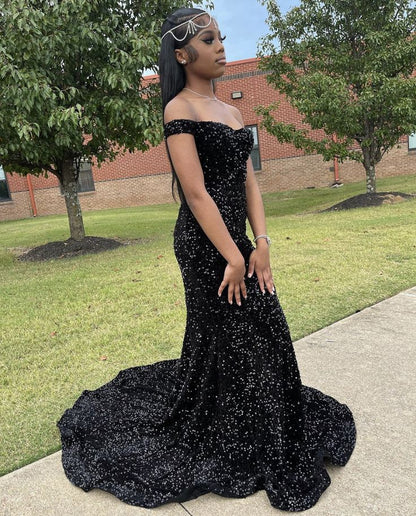 Sexy Black Sequin Off Shoulder Mermaid With Train Prom Dress Evening Dress HZ1024