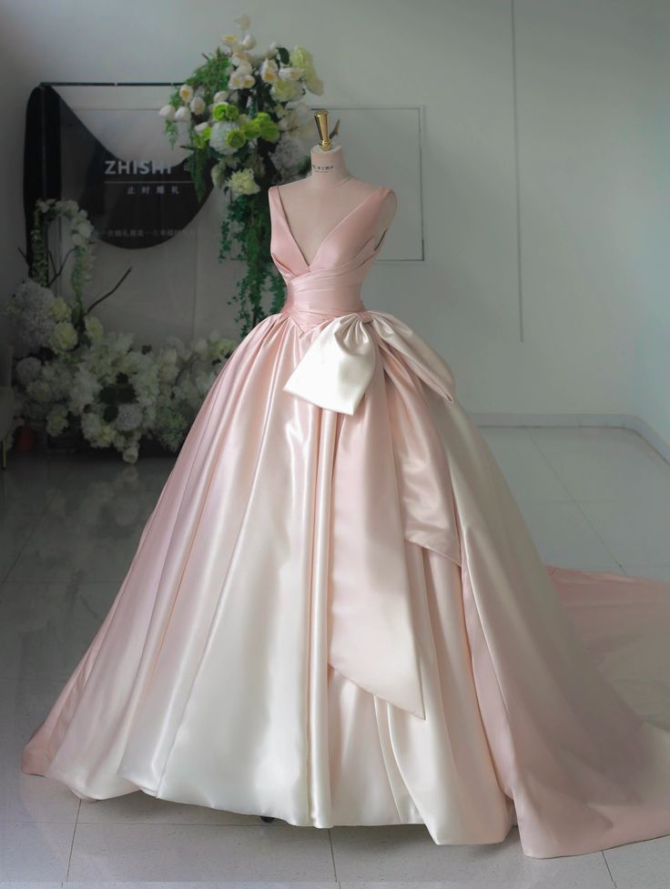 Gradient pink V-neck satin bow-tie A-line prom dress evening dress HZ1024