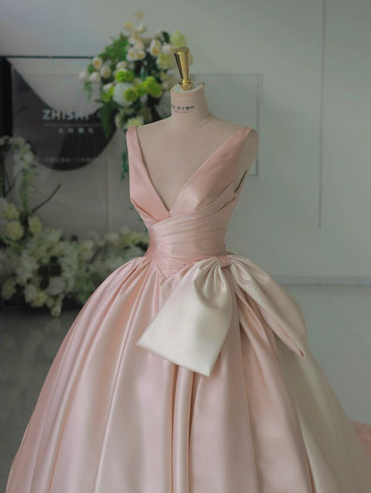 Gradient pink V-neck satin bow-tie A-line prom dress evening dress HZ1024