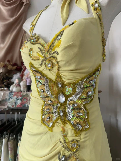 Vintage Yellow Halter Neck Sequined Backless Mermaid Prom Dress Evening Dress HZ1024