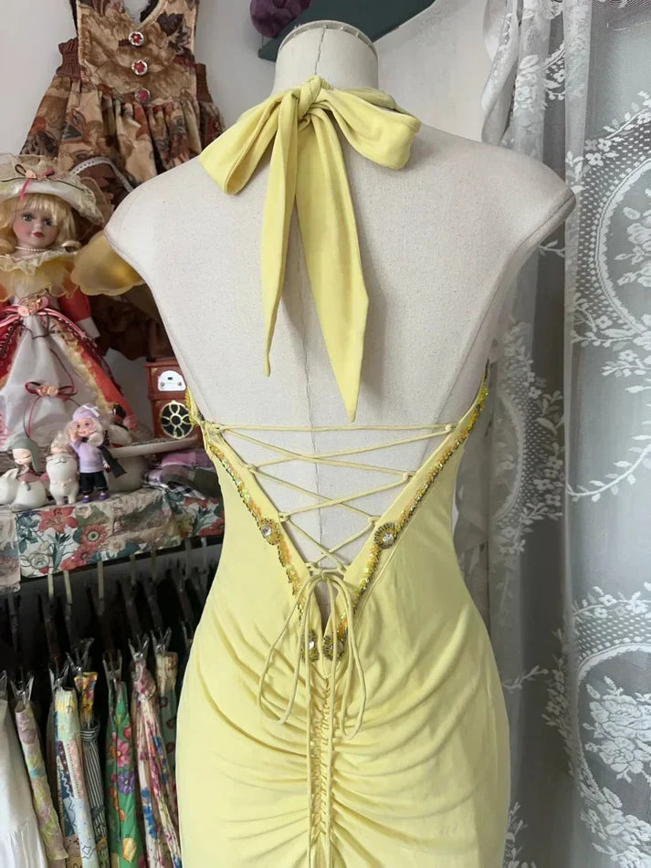Vintage Yellow Halter Neck Sequined Backless Mermaid Prom Dress Evening Dress HZ1024