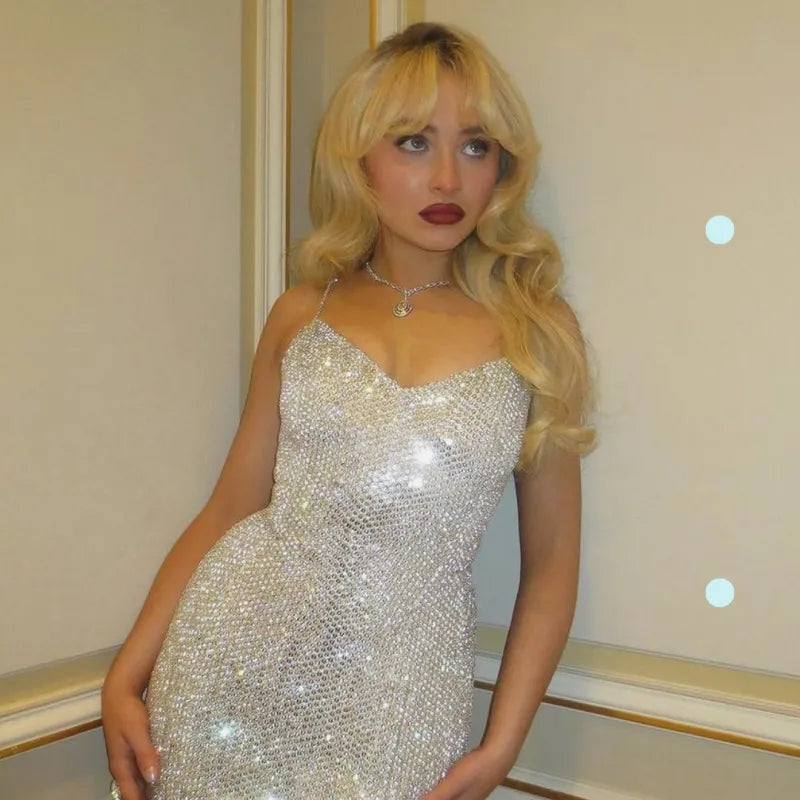 Shiny Silver Strapless V-Neck Sequin Knee-Length Prom Dress Evening Dress HZ1024
