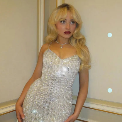 Shiny Silver Strapless V-Neck Sequin Knee-Length Prom Dress Evening Dress HZ1024