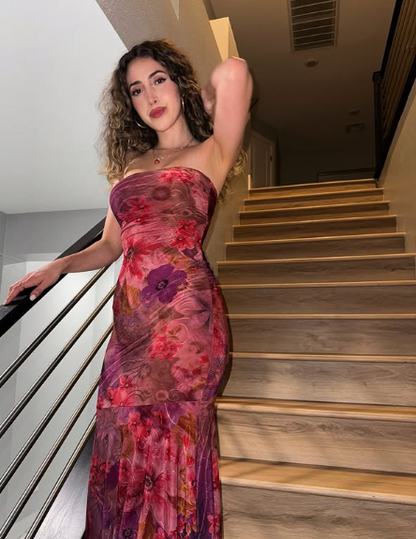 Sexy Strapless Printed Tube Top Bodycon Mermaid Long Prom Dress Evening Dress HZ1024