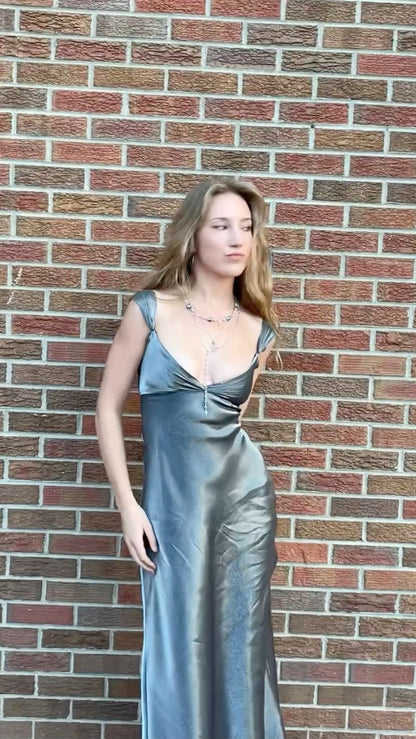Elegant Silver-grey V-neck Sheath Satin Long Party Dress Evening Dress Prom Dress HZ1024