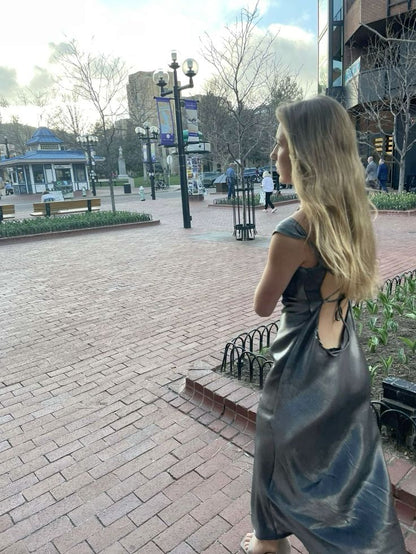 Elegant Silver-grey V-neck Sheath Satin Long Party Dress Evening Dress Prom Dress HZ1024