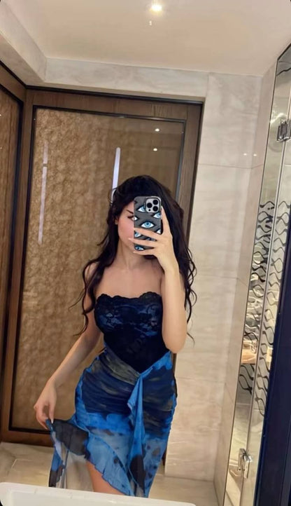 Sexy Rendered Blue Lace Off Shoulder Chiffon Ruffle Prom Dress Evening Dress HZ1024
