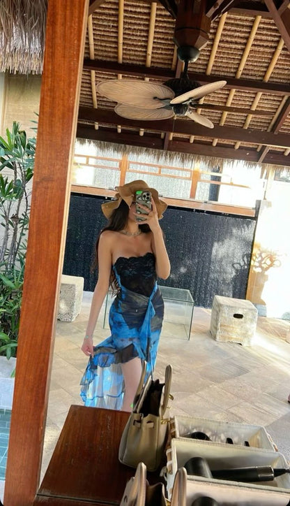 Sexy Rendered Blue Lace Off Shoulder Chiffon Ruffle Prom Dress Evening Dress HZ1024