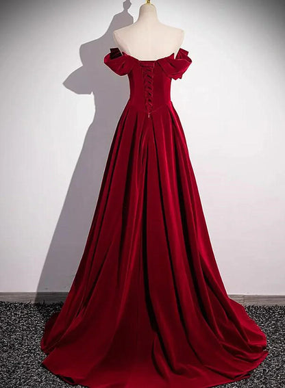 Elegant Burgundy Off-the-shoulder Sequin Beaded A-line Prom Dress Evening Dress HZ1024