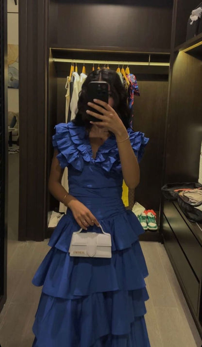 Sapphire Blue V-neck Sleeveless Ruffled Layered A-line Prom Dress Evening Dress HZ1024