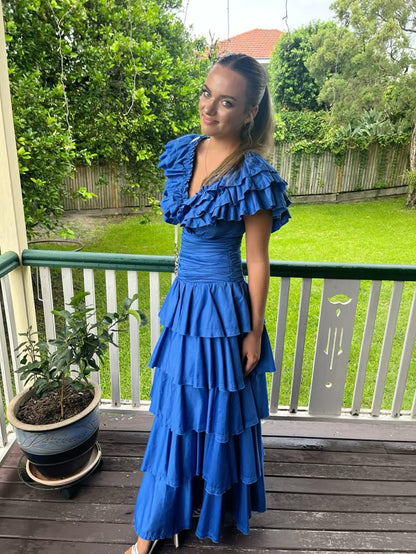 Sapphire Blue V-neck Sleeveless Ruffled Layered A-line Prom Dress Evening Dress HZ1024