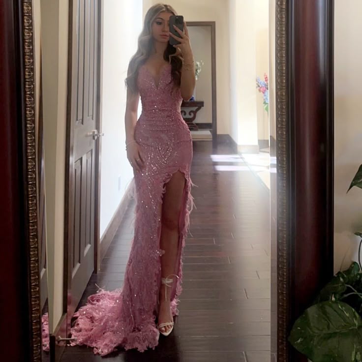 Pretty pink shoulder strap V-neck high slit sequined mermaid floor-length prom dress evening dress HZ1024