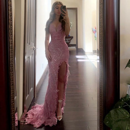 Pretty pink shoulder strap V-neck high slit sequined mermaid floor-length prom dress evening dress HZ1024