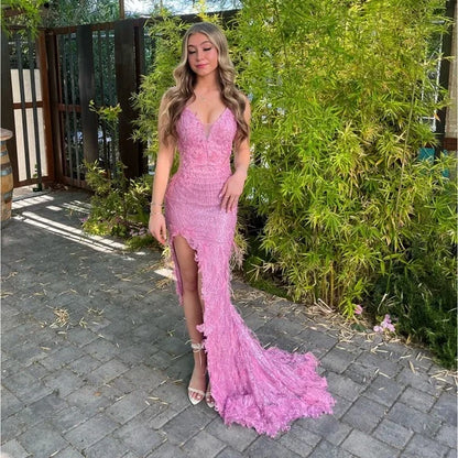 Pretty pink shoulder strap V-neck high slit sequined mermaid floor-length prom dress evening dress HZ1024