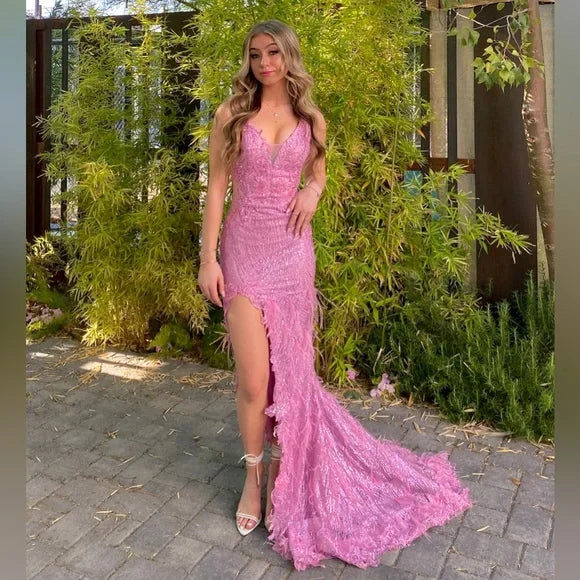 Pretty pink shoulder strap V-neck high slit sequined mermaid floor-length prom dress evening dress HZ1024