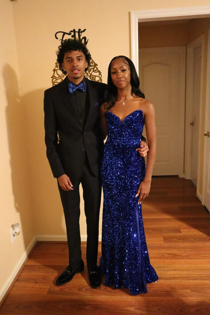 Shiny Sapphire Blue Sweetheart Neck Strapless Sequin Slit Prom Dress Evening Dress HZ1024