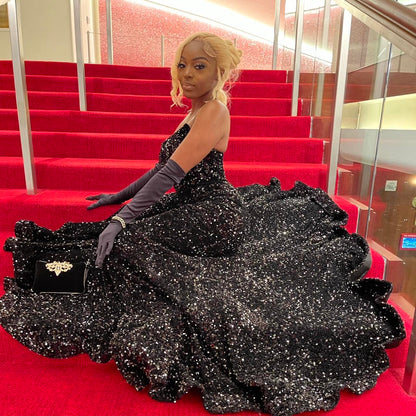 Shiny Black Off Shoulder Sleeveless Sequin Mermaid Floor-Mounting Prom Dress Evening Dress Without Gloves HZ1024