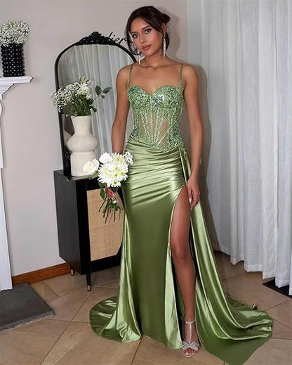Simple Green Satin Strapless Slit Sequin Mermaid Prom Dress Evening Dress HZ1024