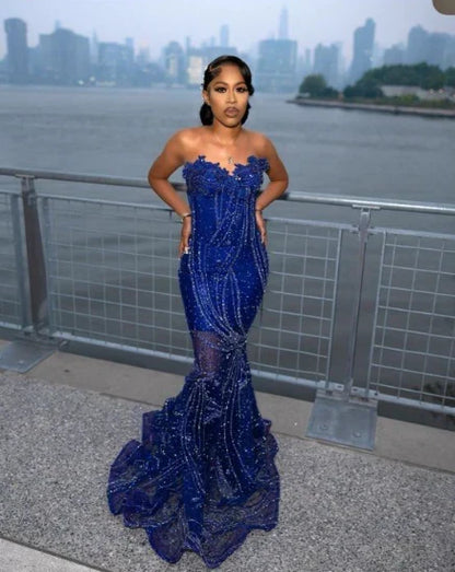 Gorgeous Sapphire Blue Sweetheart Neck Sleeveless Mermaid Floor-length Prom Dress Evening Dress HZ1024