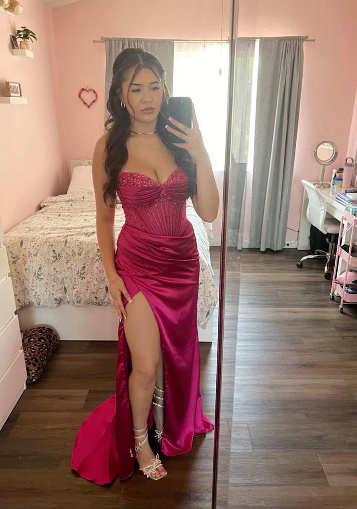 Beautiful Hot Pink Strapless Sweetheart Neck Slit Satin Floor Length Prom Dress Evening Gown HZ1024
