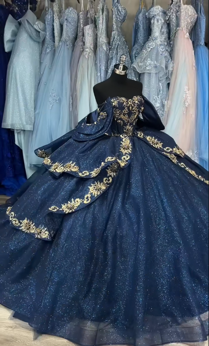 Gorgeous Navy Blue Princess Dress Off-the-shoulder A-Line Embroidered Design Prom Dress Evening Gown HZ1024