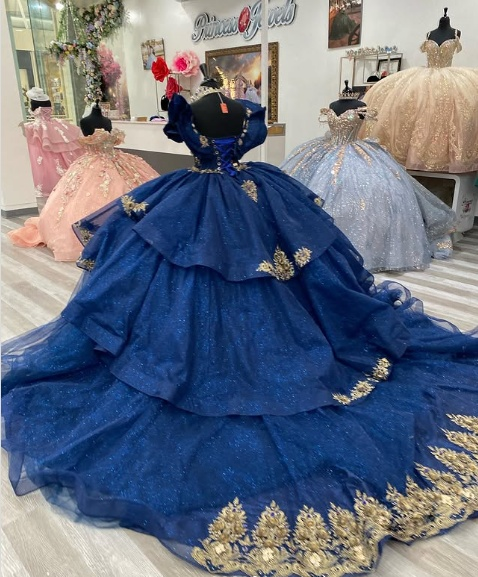 Gorgeous Navy Blue Princess Dress Off-the-shoulder A-Line Embroidered Design Prom Dress Evening Gown HZ1024