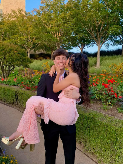 Pretty Pink Lace Strapless Mermaid Ruffle Prom Dress Evening Dress HZ1024