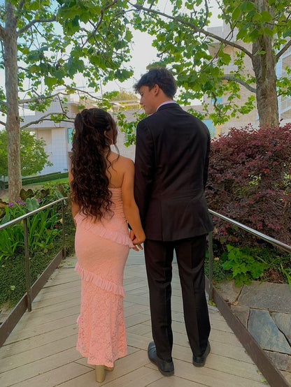 Pretty Pink Lace Strapless Mermaid Ruffle Prom Dress Evening Dress HZ1024