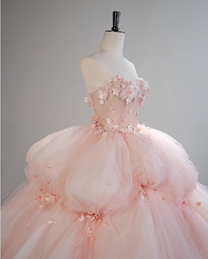 Pretty Pink Strapless A-Line 3D Flower Tulle A-Line Wedding Dress Evening Gown HZ1024