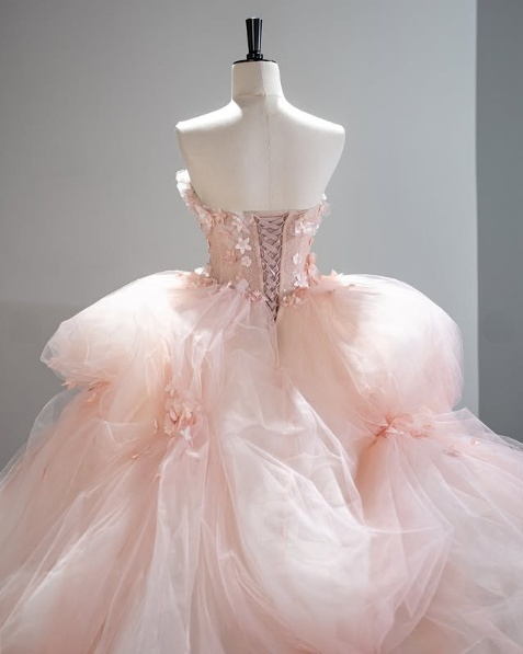 Pretty Pink Strapless A-Line 3D Flower Tulle A-Line Wedding Dress Evening Gown HZ1024