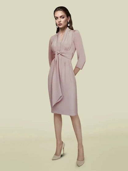 Mother of the Bride Dress Elegant V Neck Knee Length Charmeuse Length Sleeve with Sash Ribbon Pleats