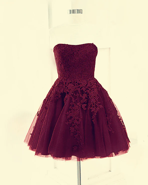 Tulle Strapless Homecoming Dresses Lace Embroidery c3466