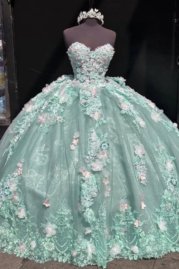 Luxury Sweet 16 Ball Gown Mint Green 3D Flower Appliques Tulle Quinceanera Dress Birthday Party Gown  cc2685