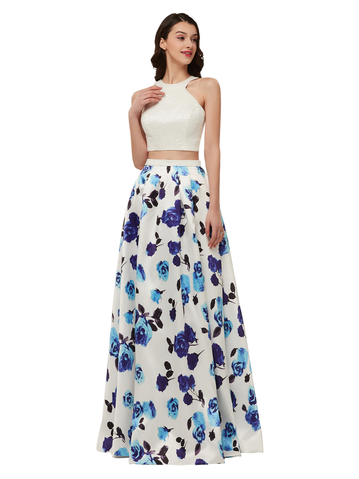 2 Piece Long Gown with Beaded Bodice-Floral