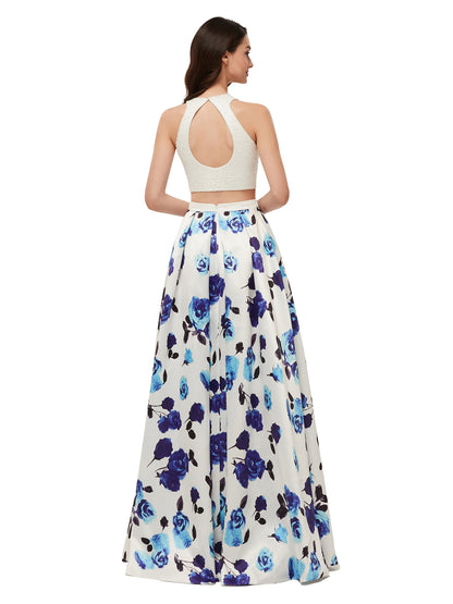 2 Piece Long Gown with Beaded Bodice-Floral