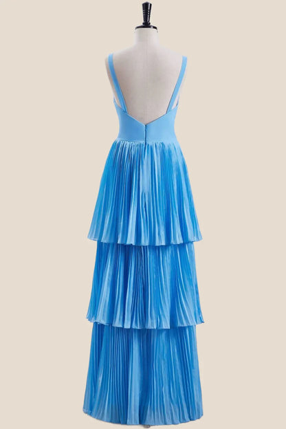 V Neck Blue Empire Tiered Long Bridesmaid Dress