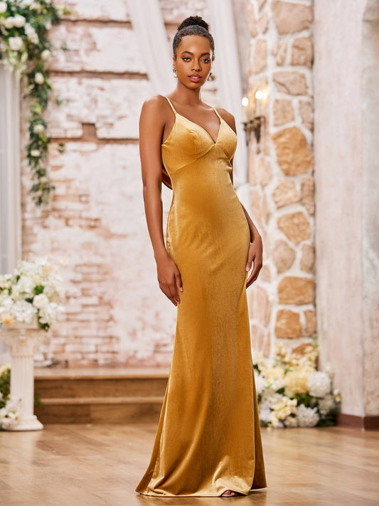 Sweetheart Neck Backless Fitted Velvet Long Gown Gold