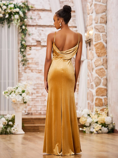 Sweetheart Neck Backless Fitted Velvet Long Gown Gold