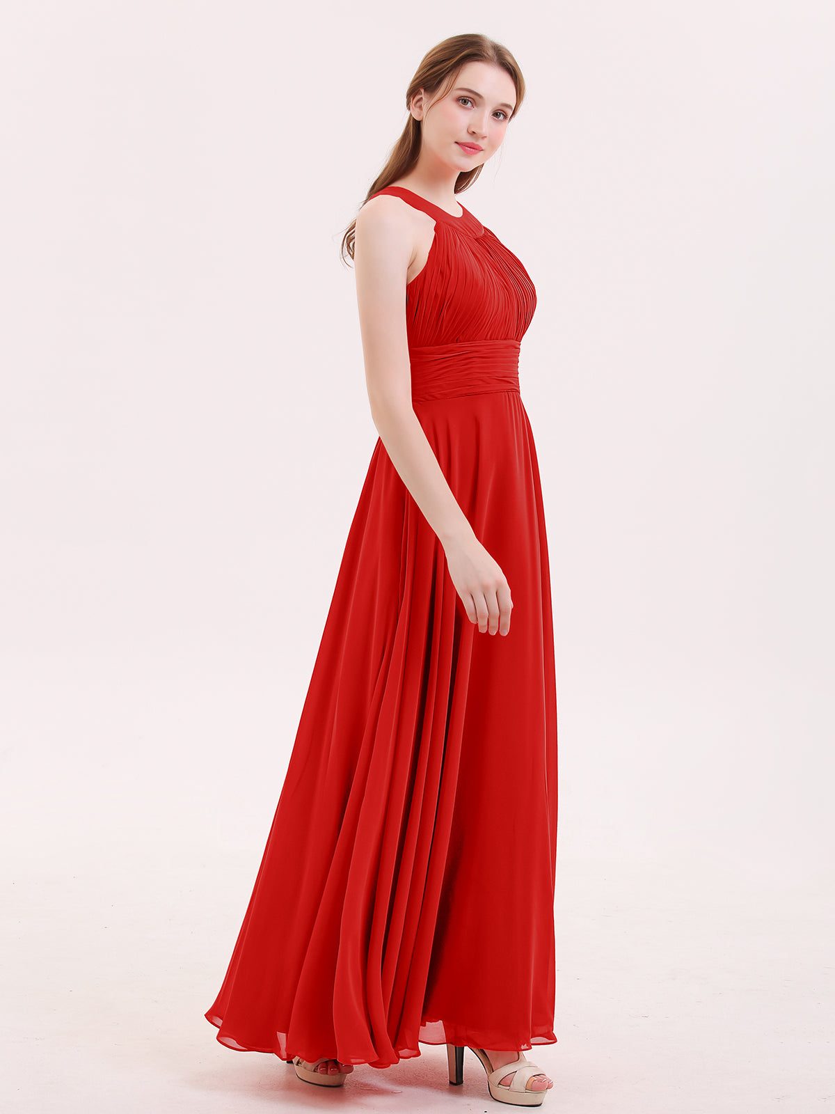 Halter Neck Open Back Chiffon Bridesmaid Dress-Red