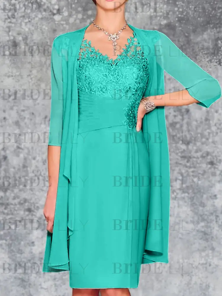 Two Piece Ruffle Chiffon Mother of the Bride Outfit Lace Short Wedding Guest Dress