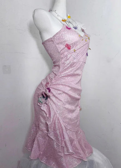 Glitter Pink Sequin Spaghetti Strap Butterfly Design 16th Birthday Party Dress Homecoming Dress HZ1024